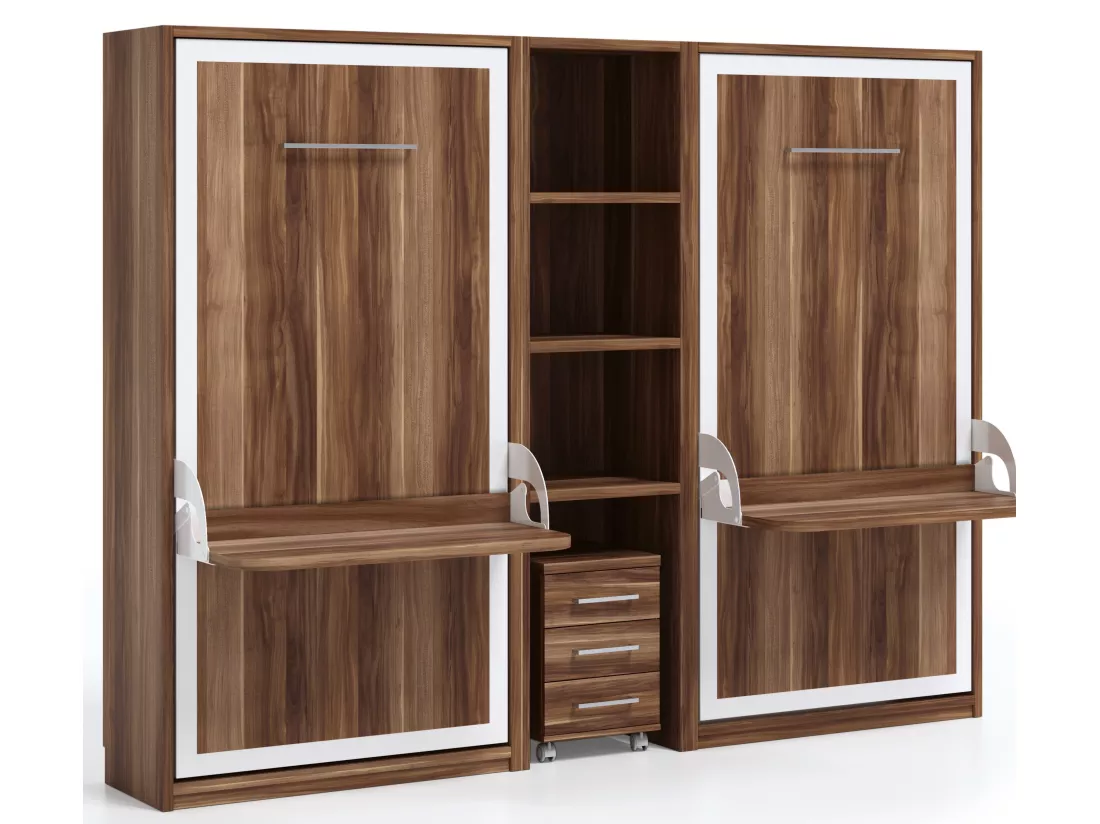 Lit escamotable verticale 140x190 avec bureau Studante-Façade Noyer