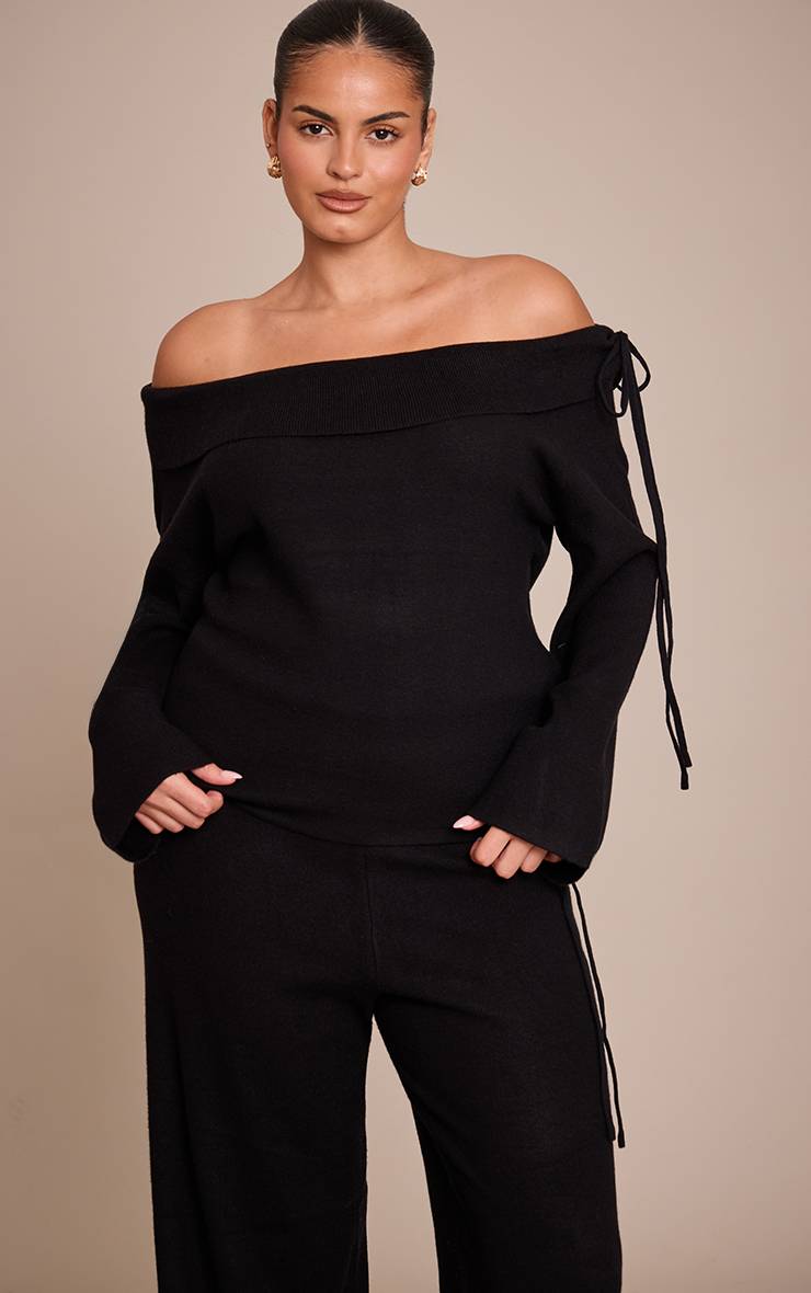 Noir Haut Grande Taille En Maille Col Bardot Avec Détail Nœud Rabattu