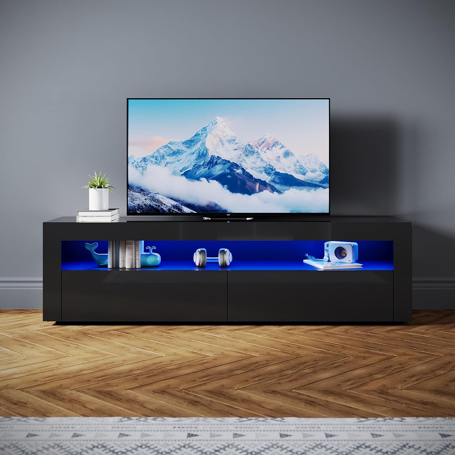 SONNI TV-Schrank Modern 160cm, Lowboard Hochglanz Schwarz mit 16 Farben LED-Beleuchtung, 2 Schubladen, 2 Türen für Fernseher bis 65 Zoll, Fernsehtisch für Wohnzimmer & Schlafzimmer, 160x40x45cm.