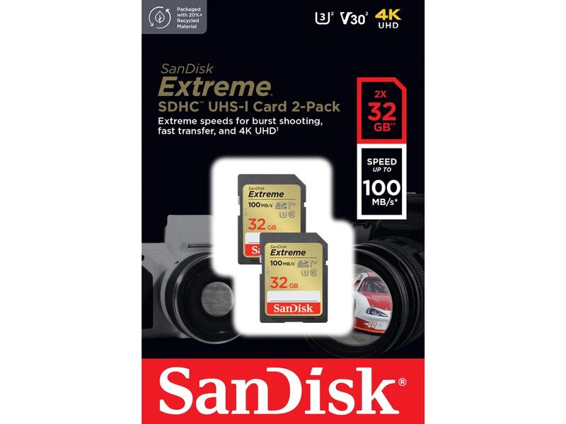 SanDisk SDHC-Karte Extreme 32 GB 2er Pack Pack von 2 professionellen SDHC-Speicherkarten mit 32 GB