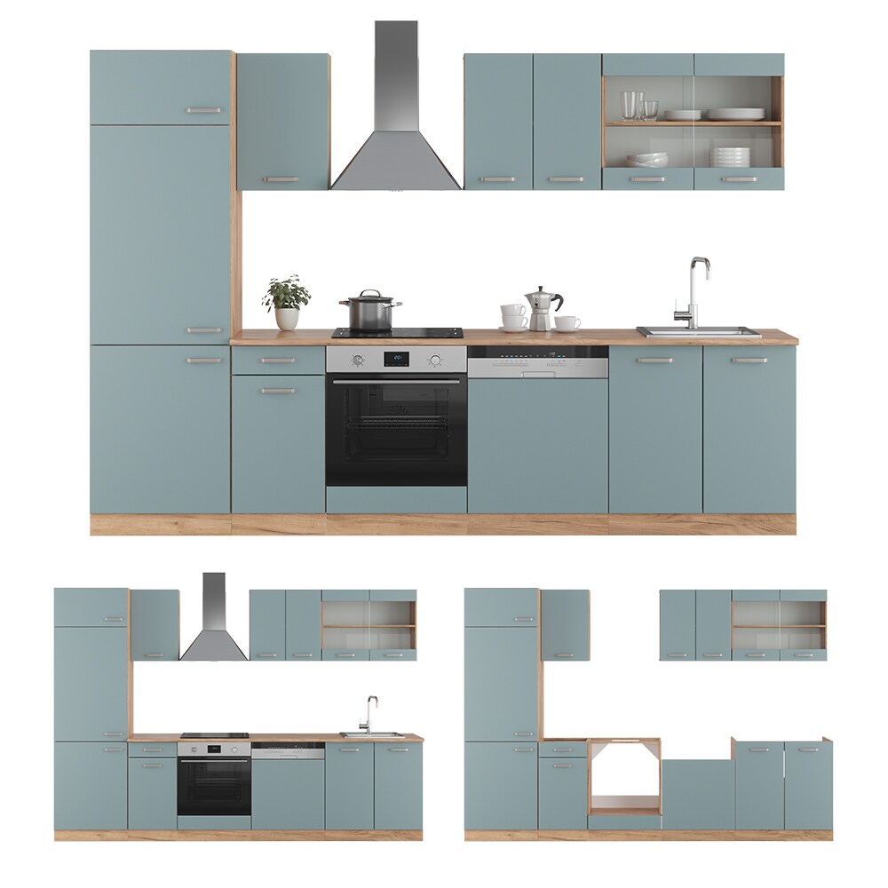 Vicco Küchenzeile R-Line Solid Eiche Blau Grau 300 cm modern Küchenschränke Küchenmöbel