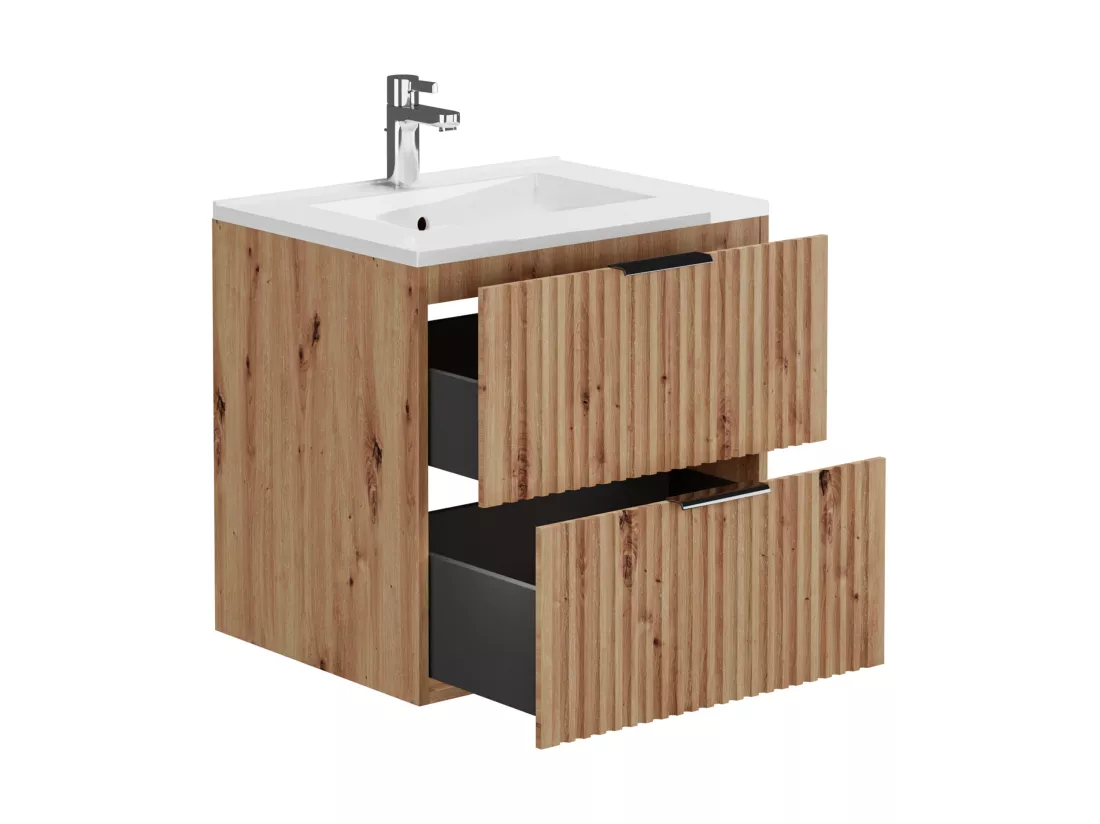 Meuble de salle de bain suspendu strié avec vasque à encastrer - Naturel clair - 60 cm - ZEVARA
