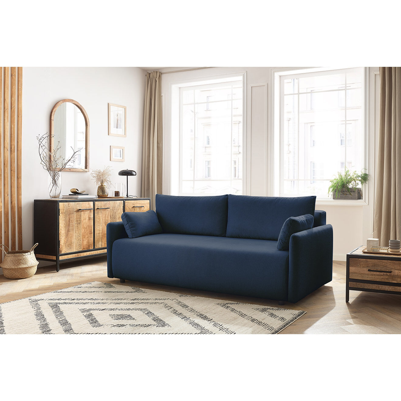 Bobochic Canapé droit convertible coffre marcel tissu lisse bleu foncé - 211x100x86 cm