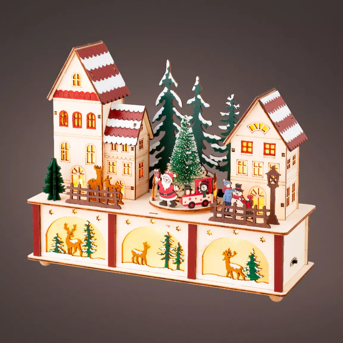 Village de Noël en bois lumineux et musical à piles (27 x H22 cm) Cœur du village Coloré