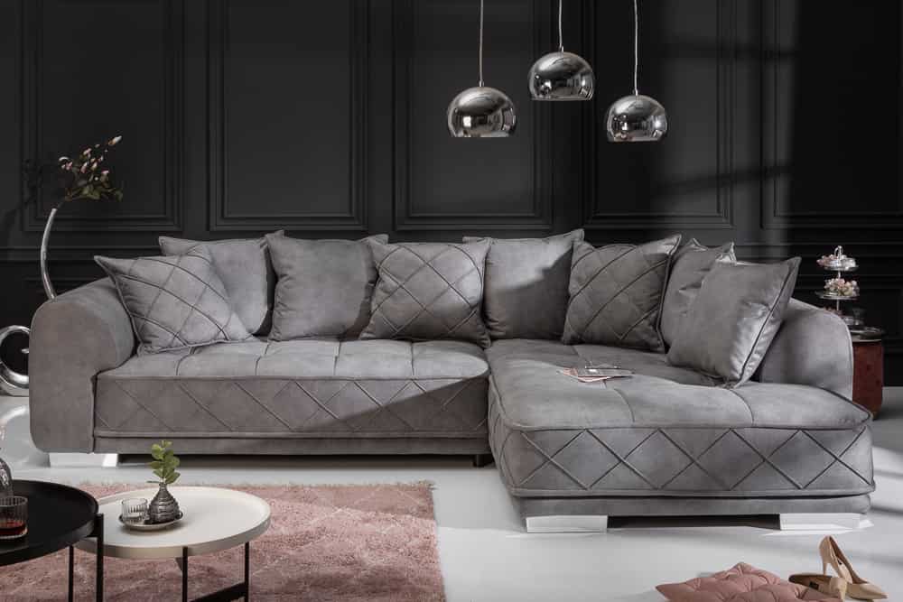 Modernes XXL Ecksofa DECADENCIA 320cm silbergrau Samt Bigsofa inkl. Kissen