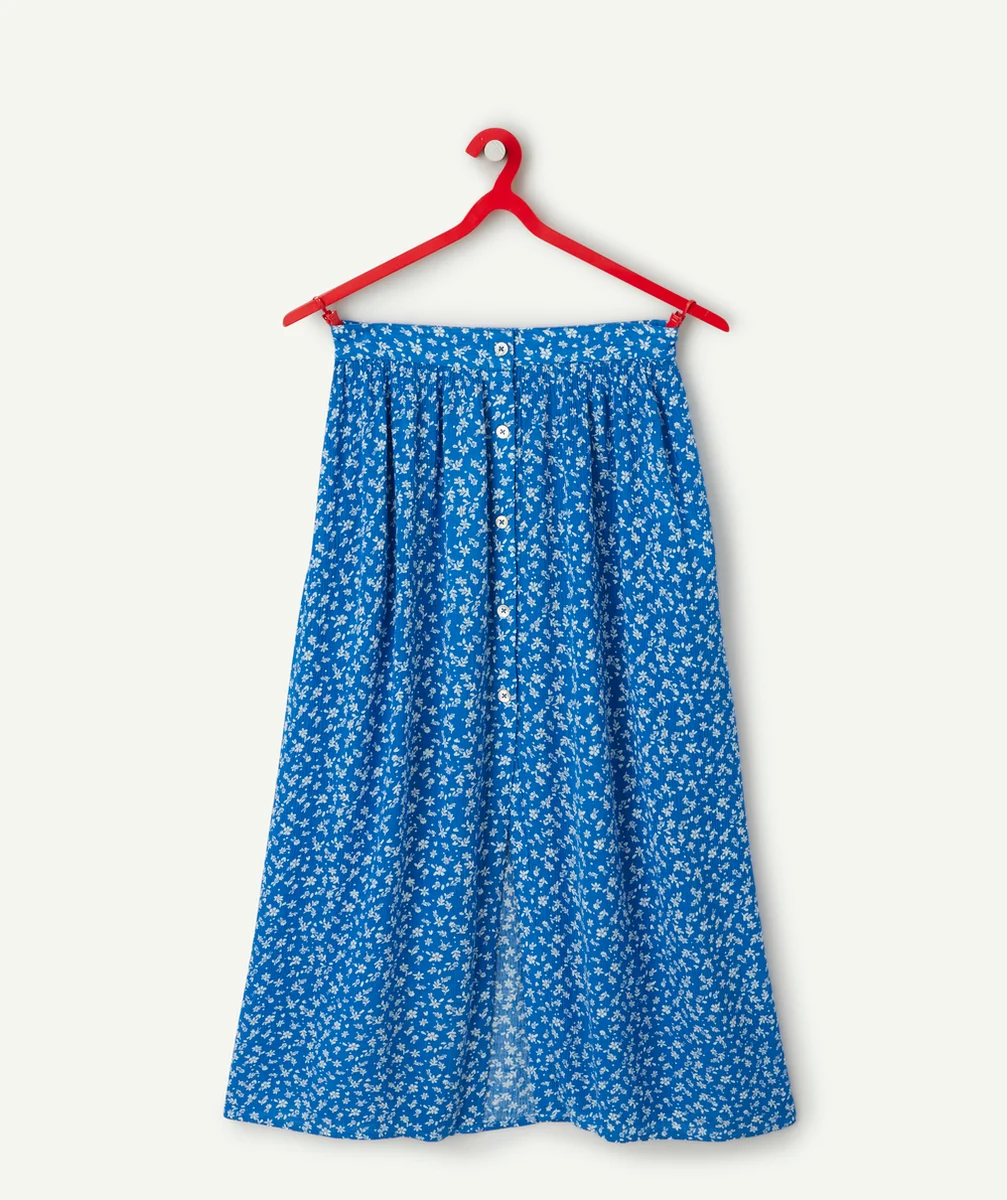 jupe longue fille en viscose responsable bleue et imprimée fleurie