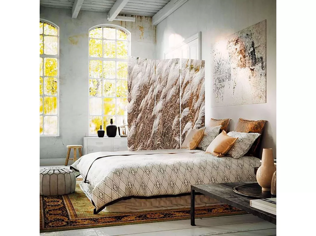Paravent Décoratif Imitation Herbe Sèche pour Intérieur - 110 x 150 cm - 2 faces R° V°