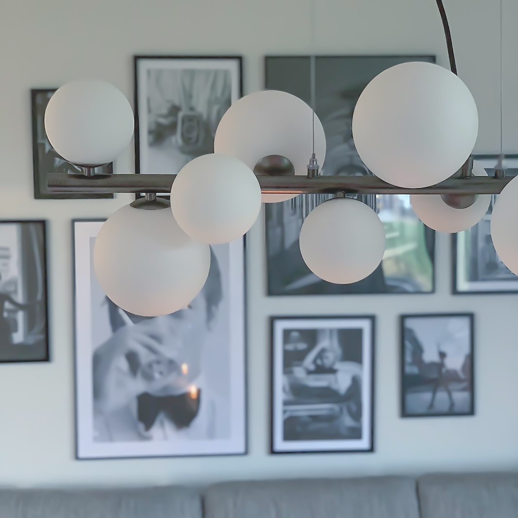 Molekyl taklampe L:85cm, tinnfarget/hvit 11 x G9