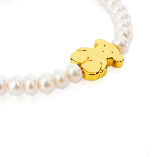 Pulseira elástica em ouro e pérolas cultivadas com motivo de urso, 1,15 cm, 19 cm, Sweet Dolls