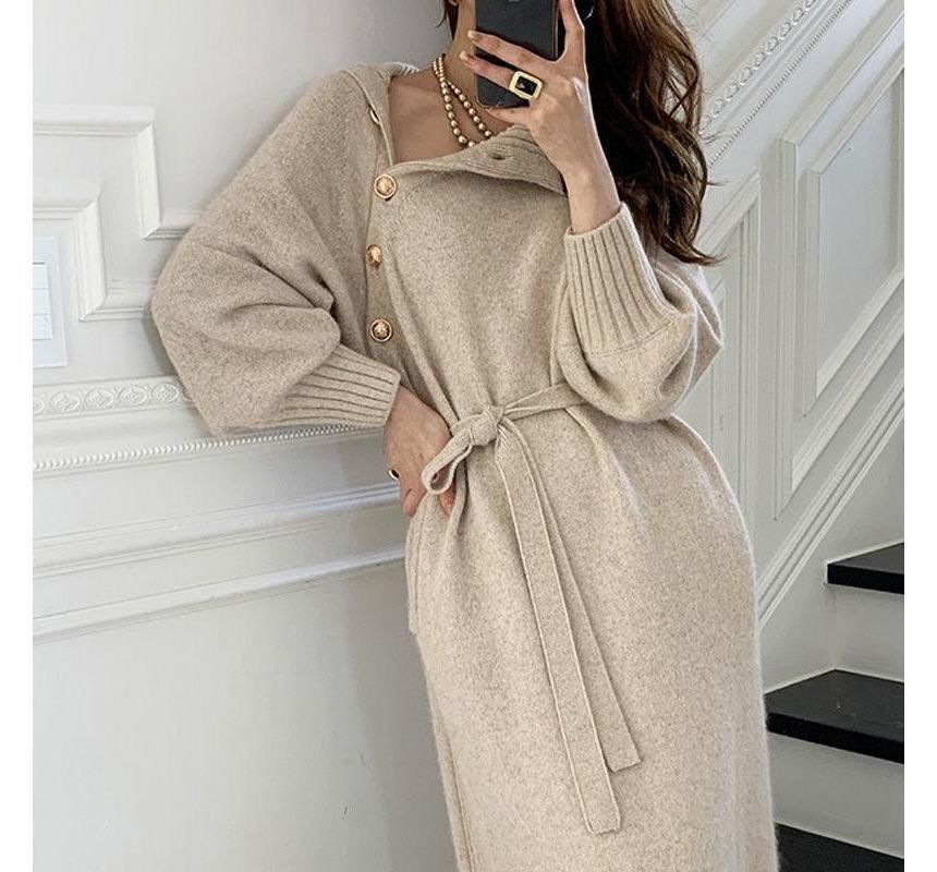 Yupina - Effen coltrui-midi-jurk met sashed-hals