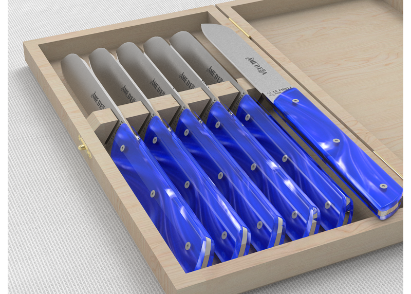 Service de 6 couteaux de table avec un manche en Madreperlato Bleu et lame en acier inoxidable