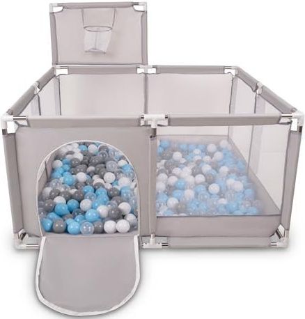 Selonis Square Babybox Met Plastic Ballen, Basketbal, Grijs:Grijs/Wit/Transparant/Babyblue,100 Ballen