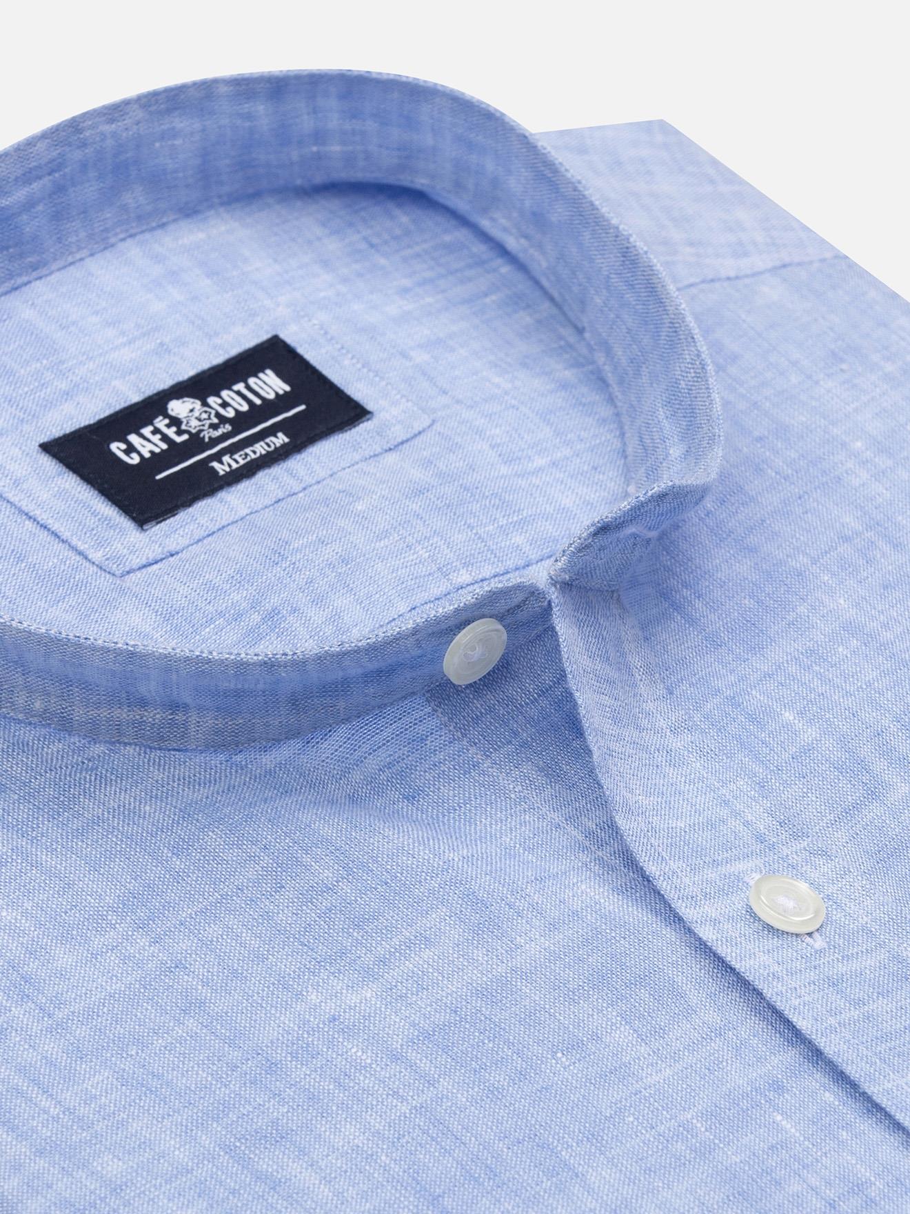 Chemise cintrée col mao Kurt en lin ciel