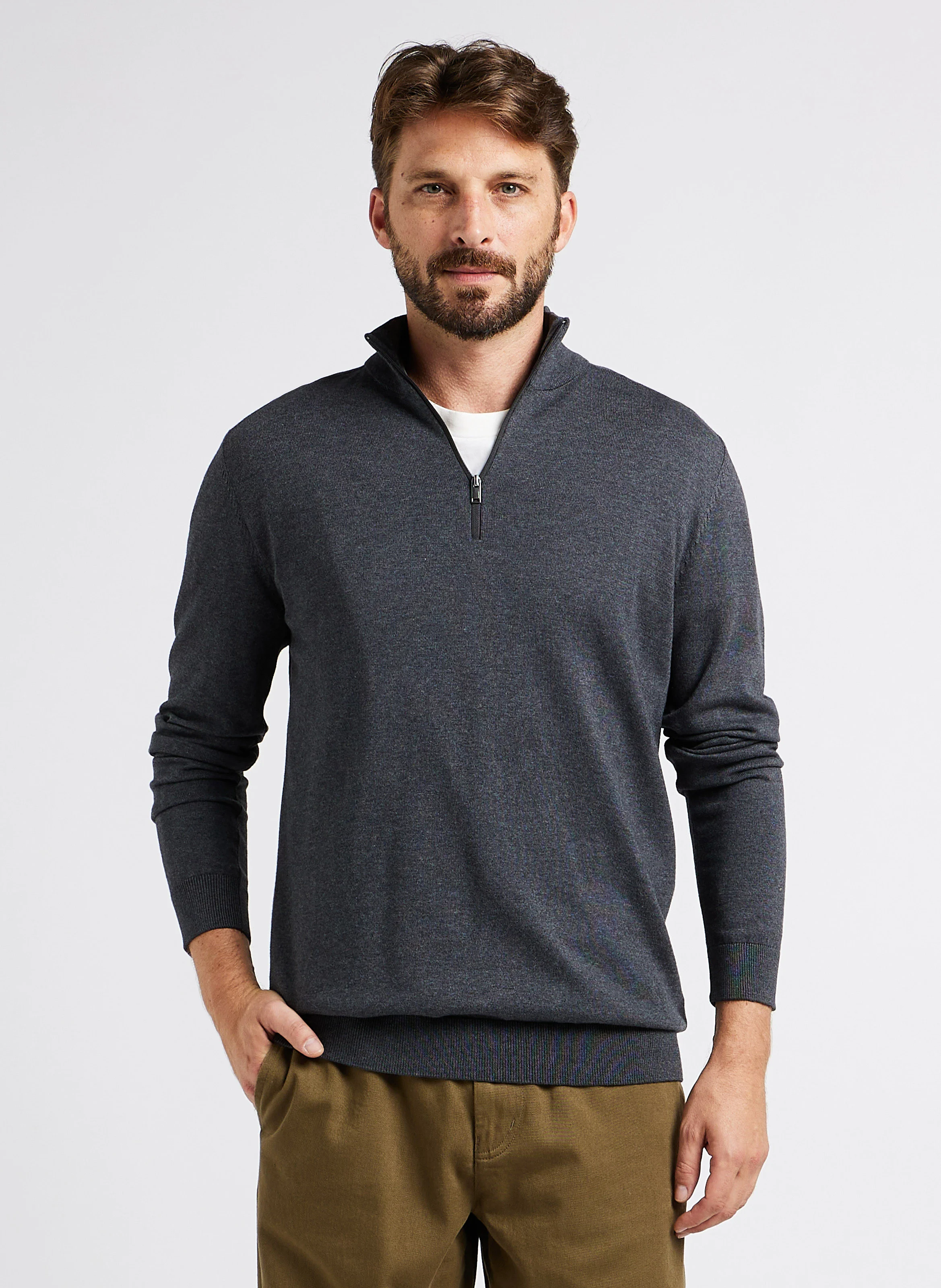 BERG - Pull col montant zippé regular-fit en coton | Gris