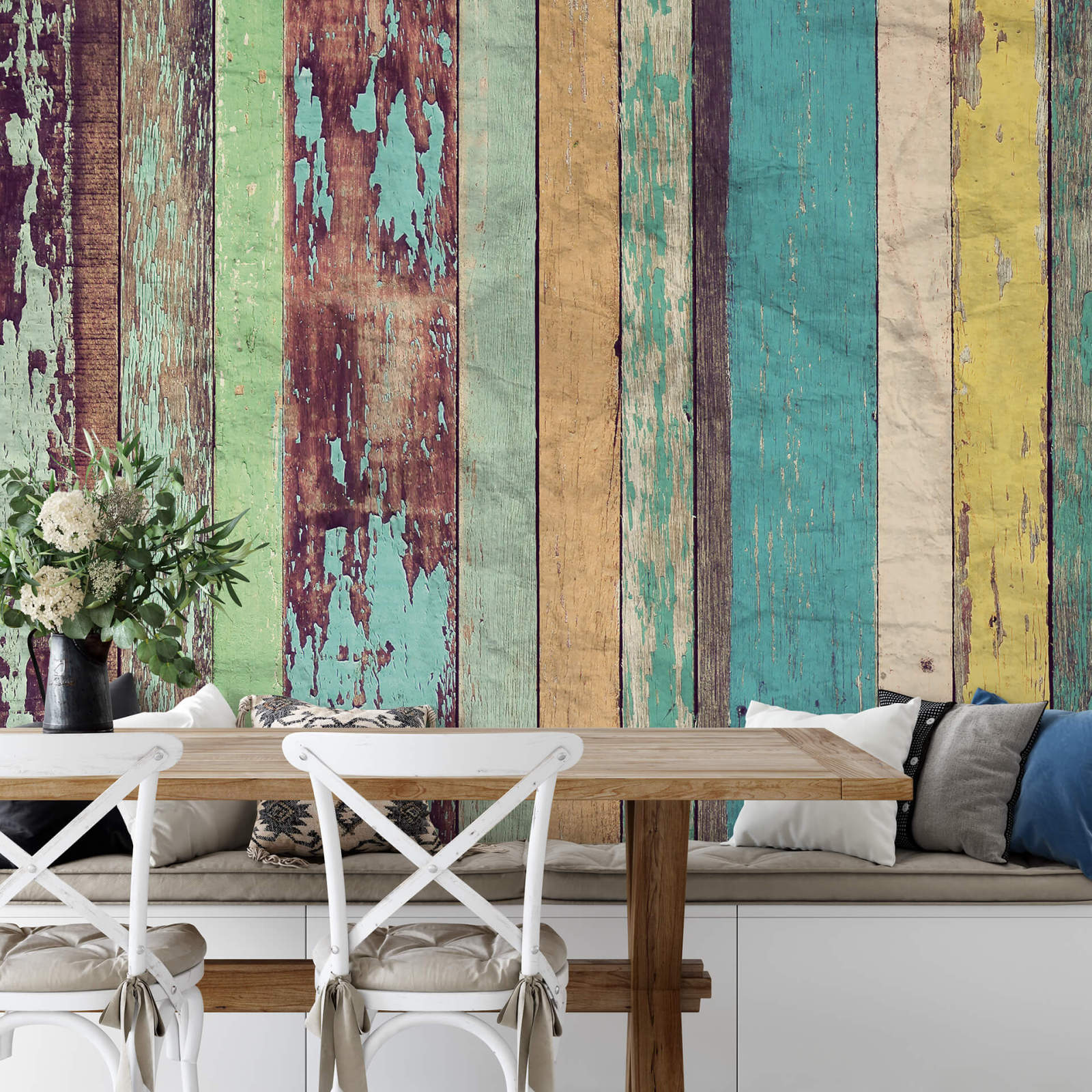 Fototapete DESIGNWALLS 2.0 - bunt-blau - Holzwand - 2,5 Meter