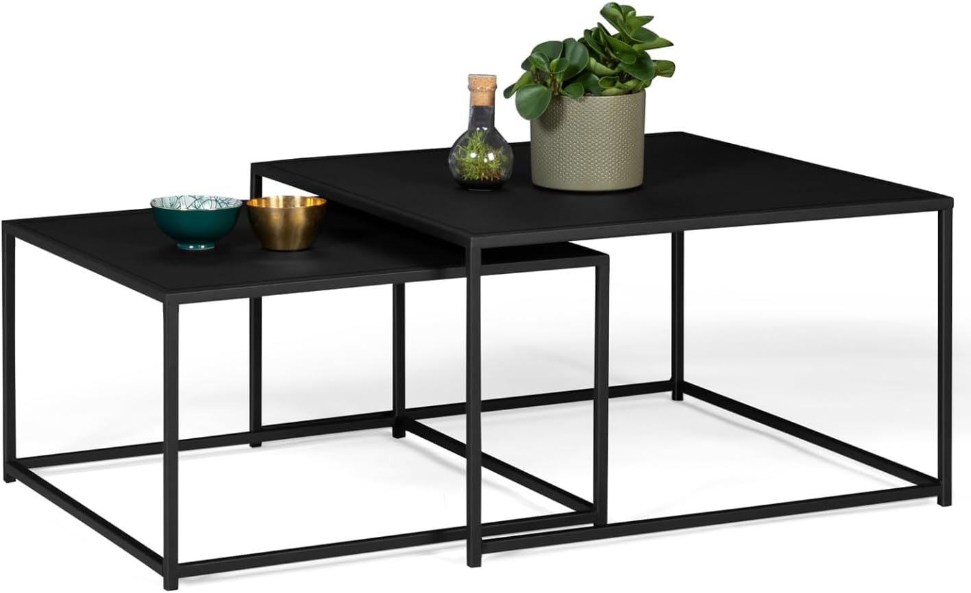 IDMarket - 2er-Set Couchtische Davis 60/70 aus mattschwarzem Metall im Industriedesign