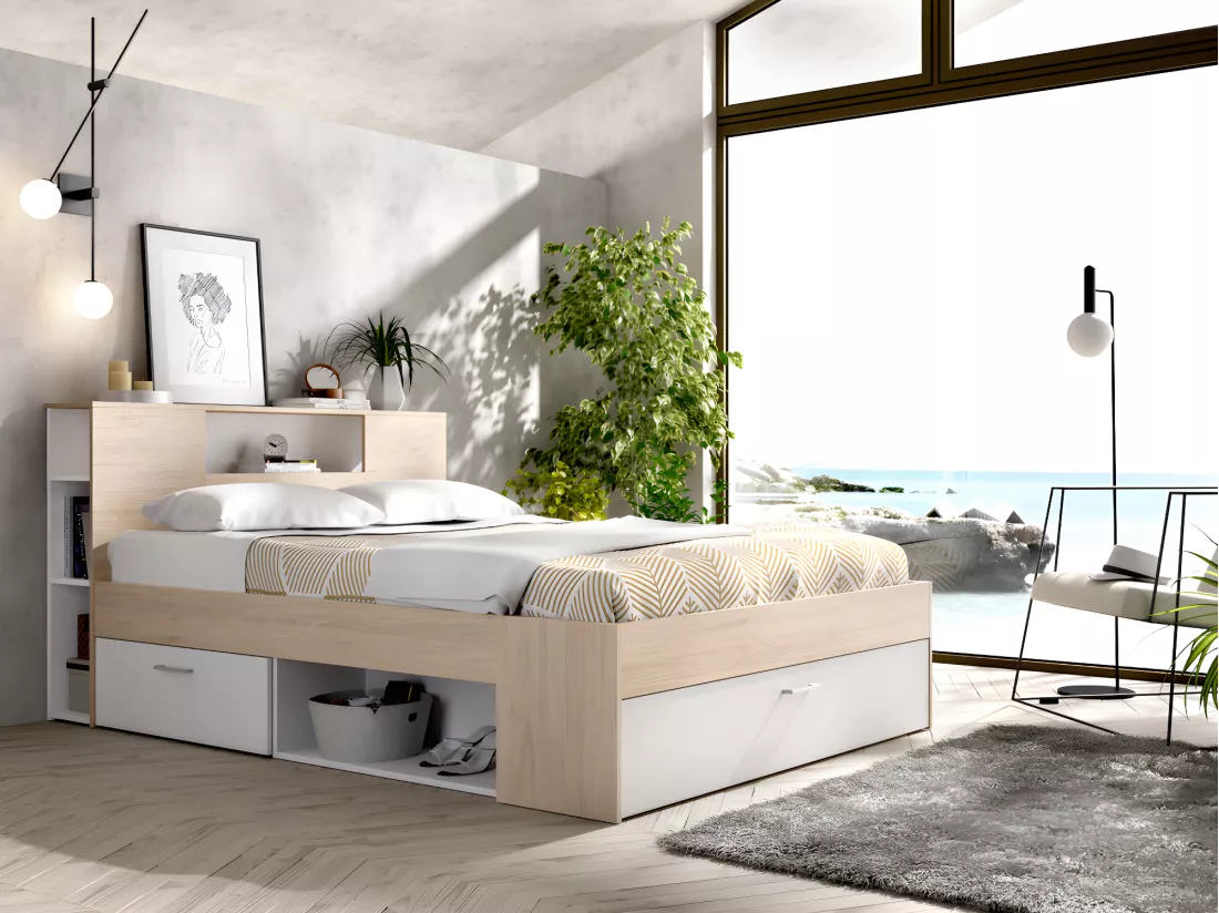 Lit avec tête de lit rangements et tiroirs - 140 x 190 cm - Coloris : Naturel et blanc + Sommier - LEANDRE