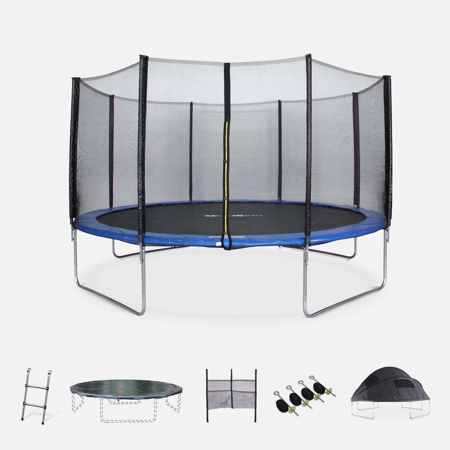 Trampoline 430cm bleu avec pack d'accessoires + tente de camping avec sac de transport