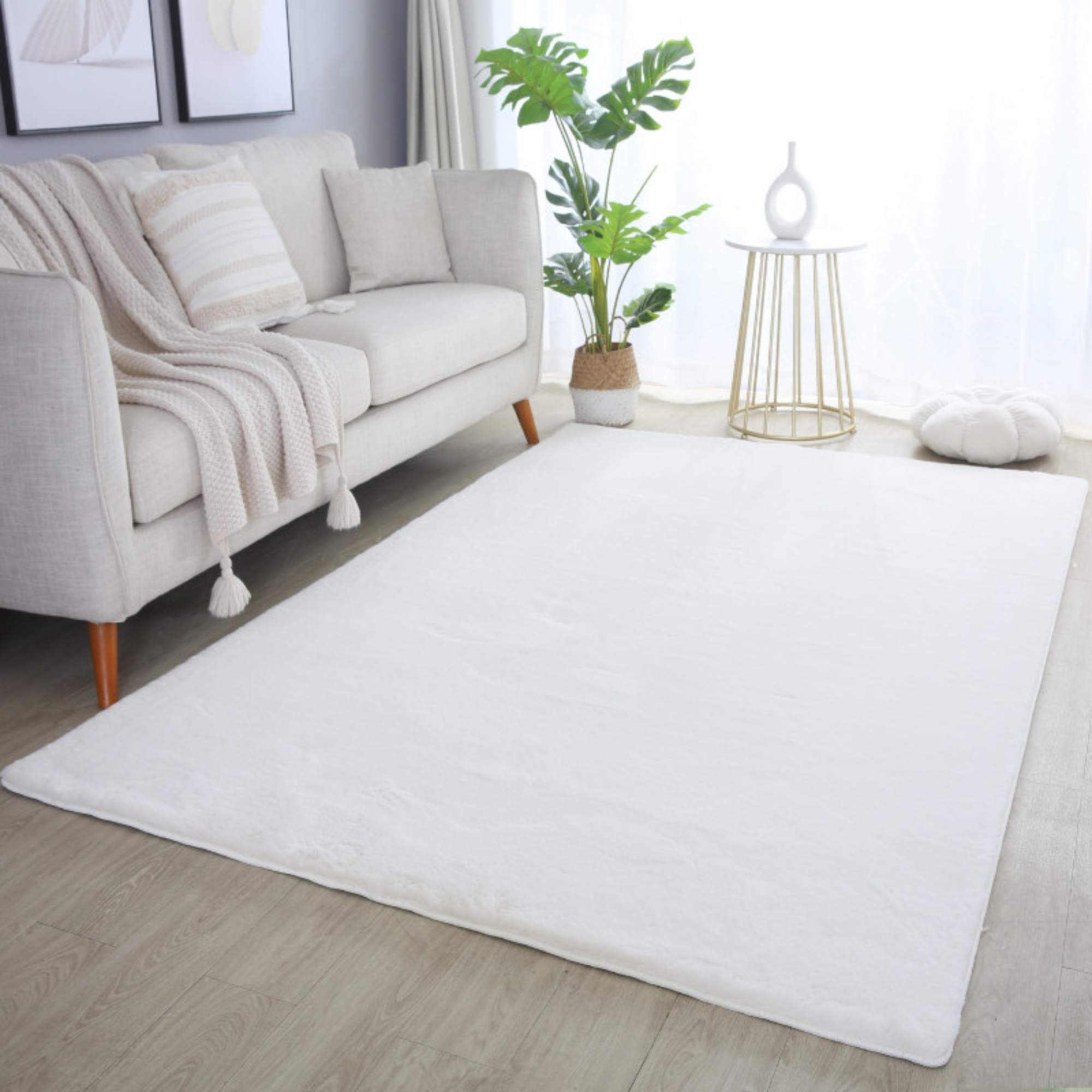 Weicher Hochflor Teppich Wohnzimmer Einfarbig, Felloptik, Flauschig, Rutschfest,