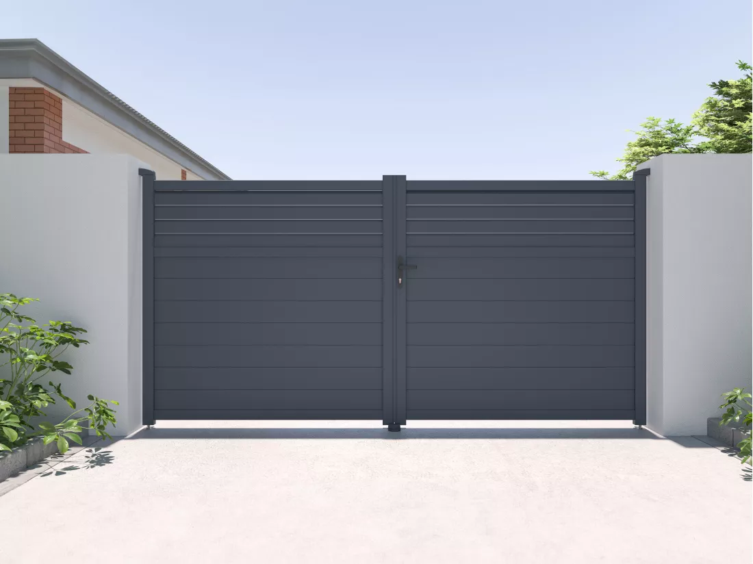 Portail électrique battant aluminium persienné L355 x H181 cm anthracite - VIAZO