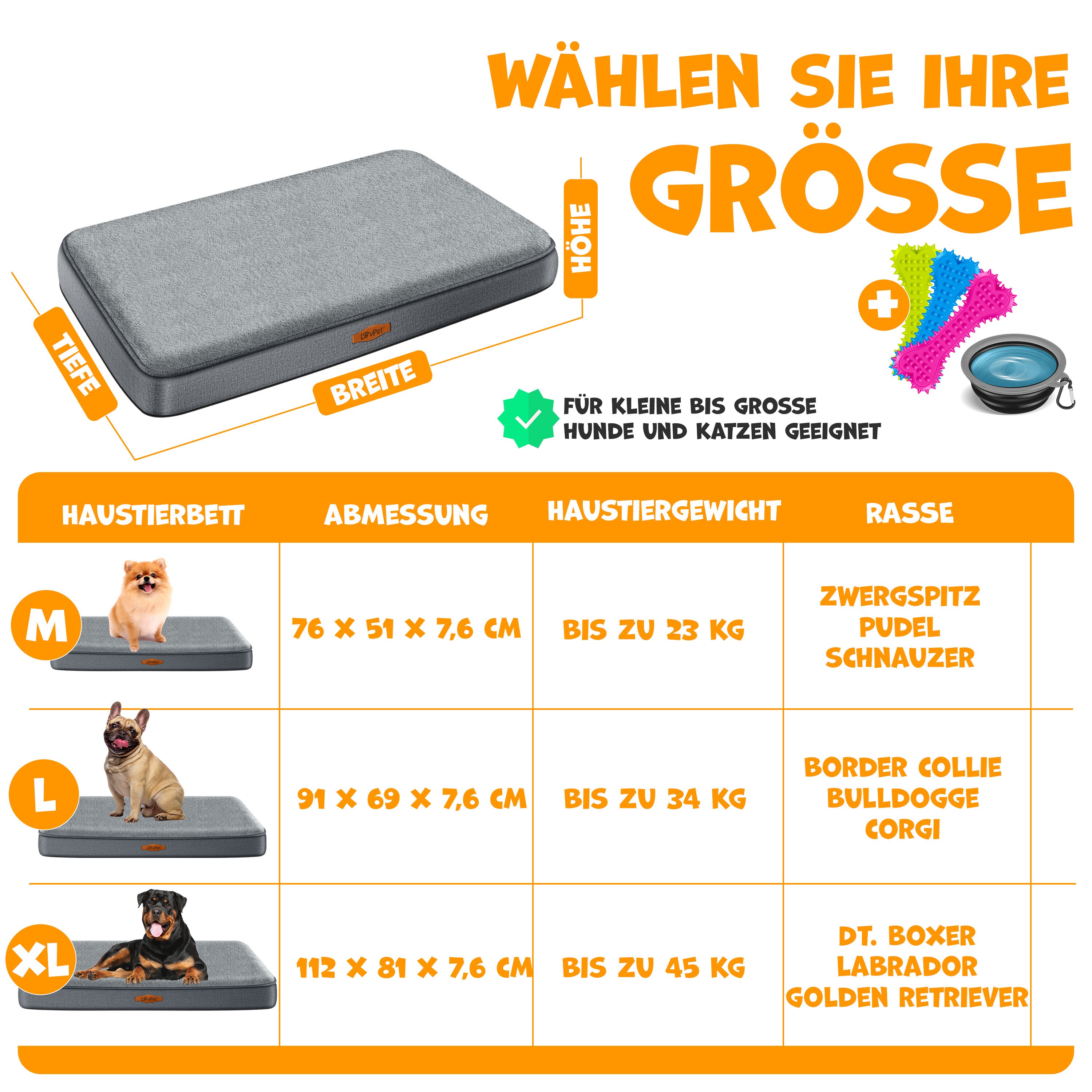 LovPet® Hundebett orthopädisches Hundekissen Hundekorb Cookie, Inkl. Napf + 3X Kauknochen, Hundesofa für Kleine, Mittelgroße & Große Hunde, Bezug abnehmbar und waschbar