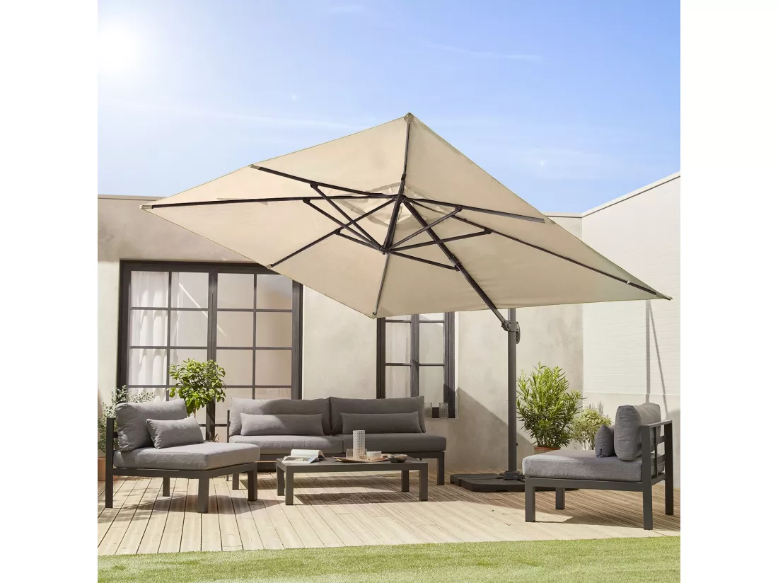 Parasol déporté rectangulaire 3x4m - Wimereux- Beige - Parasol excentré inclinable et rotatif à 360°.