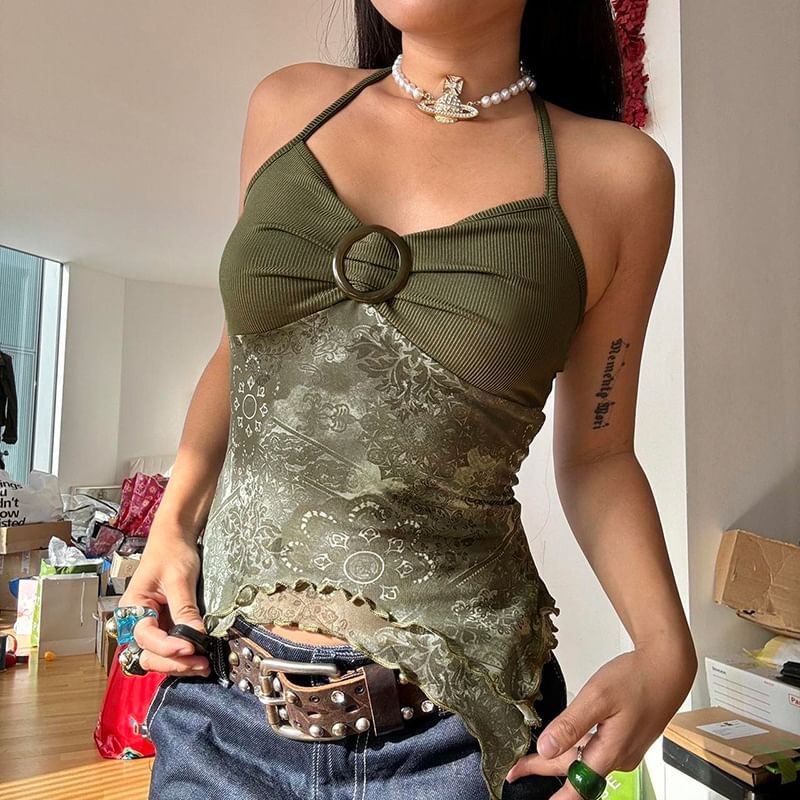 Honet - Haltertop met metalen ringpatroonprint, open rug en crop top