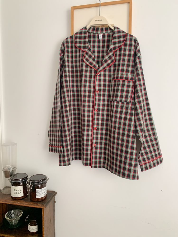 Tanee - Koppel bijpassende pyjamatop met pofmouwen en ruches, geruit, top, shirt, broek en set