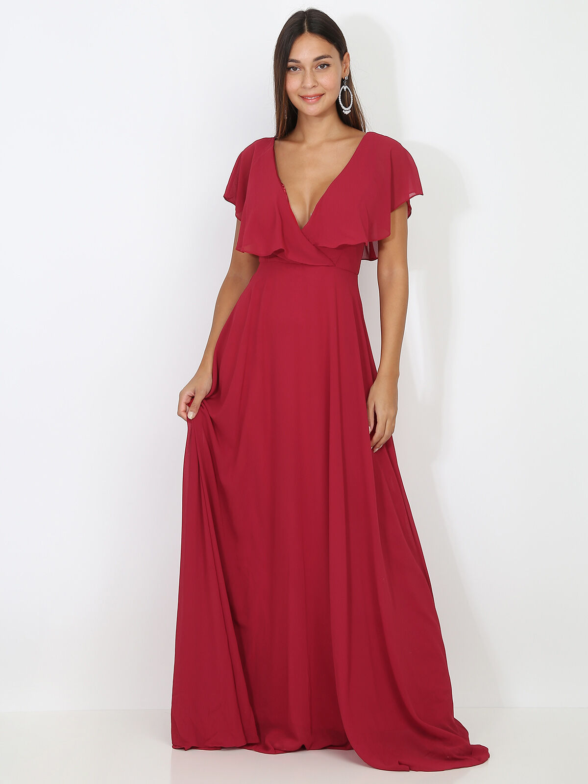 Robe longue décolleté à volants- Cerise