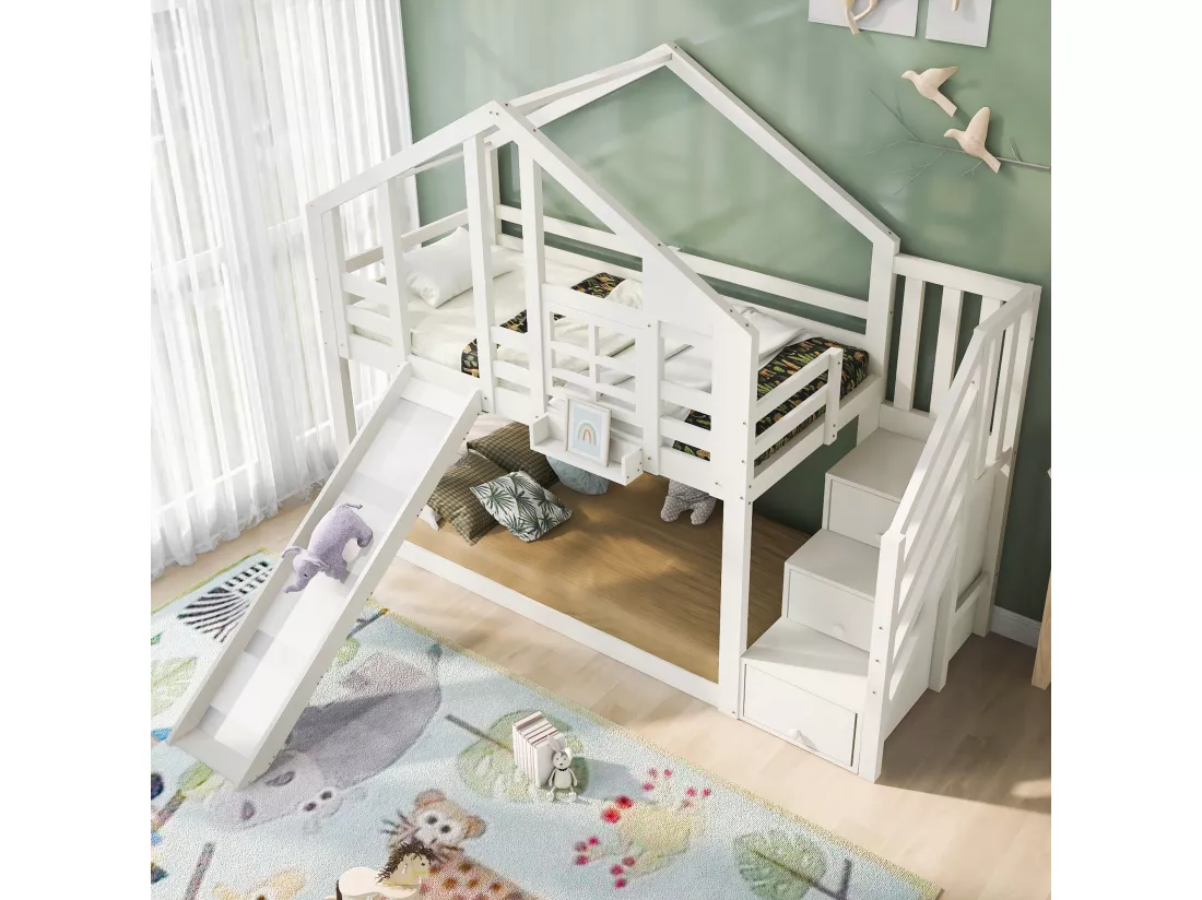Lits superposés 2 x 90 x 200 cm avec 3 tiroirs, toboggan et toit - Bois massif + MDF - 2 x sommier à lattes - Blanc (sans matelas)