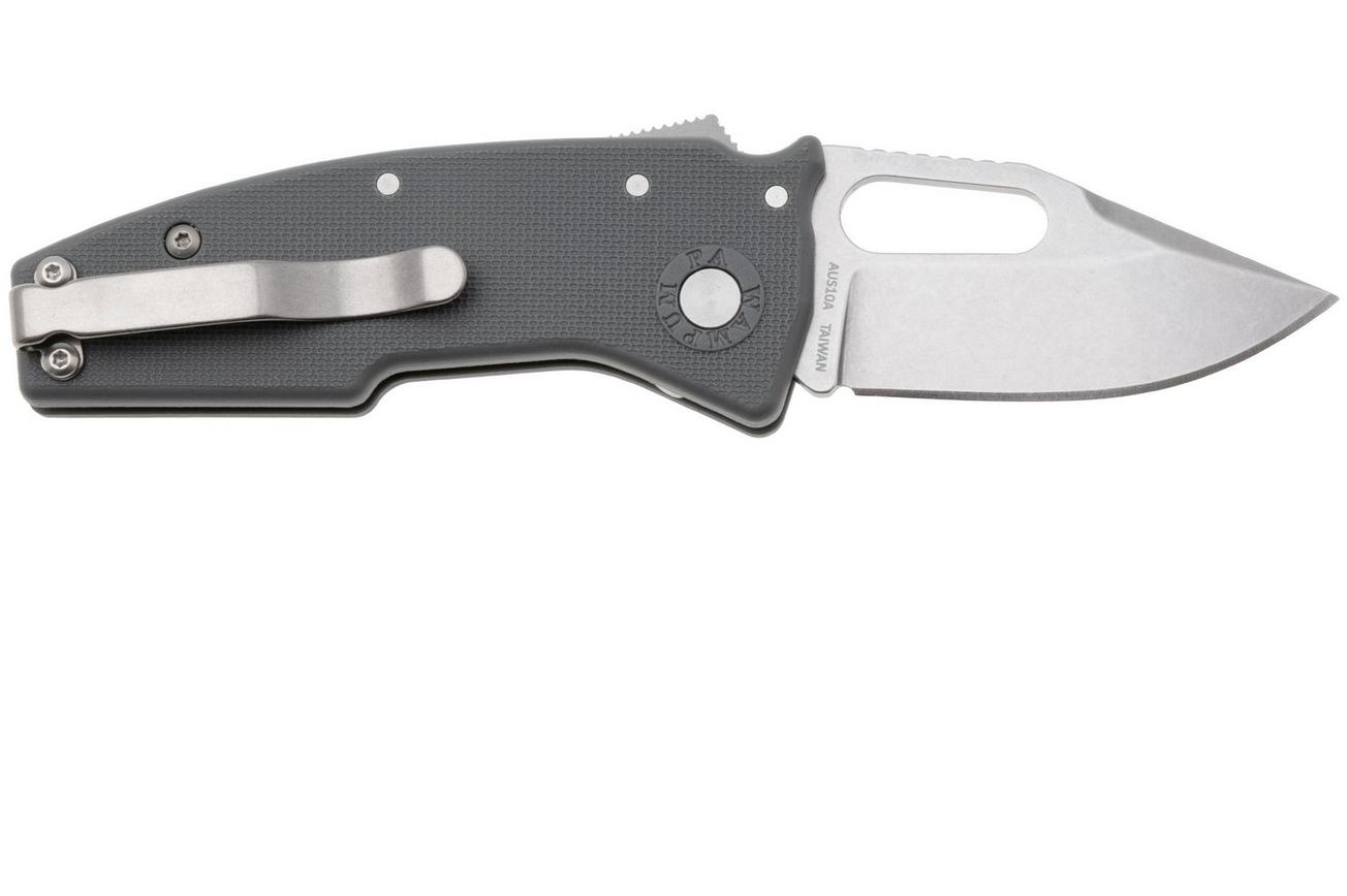 Demko Nano-Shark, NANO-10A-GREY GRN-CP, Stonewashed AUS-10A Clip Point, Grey GRN zakmes