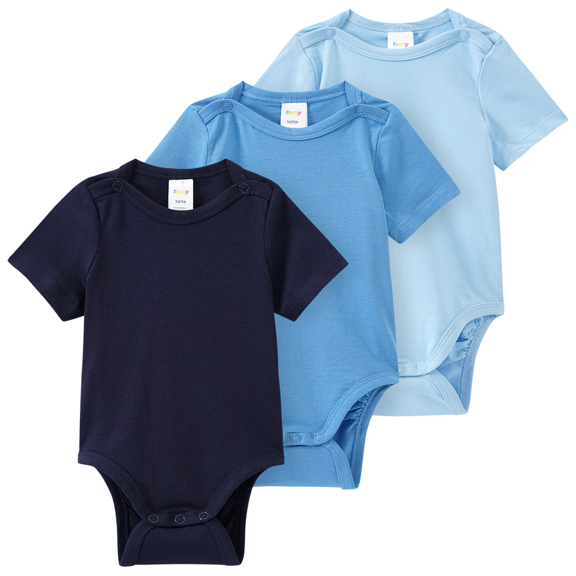 Famy 3 Baby Bodys in verschiedenen Farben dunkelblau / hellblau