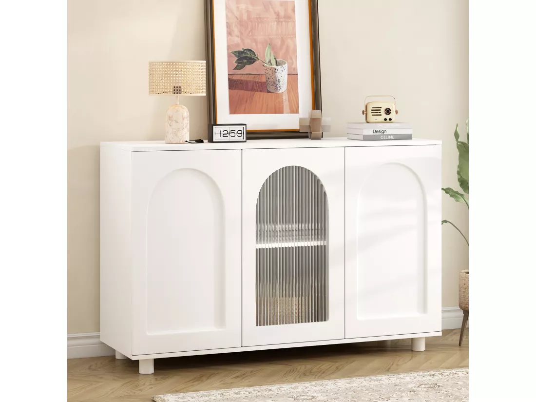 Buffet moderne avec 3 portes - 120 x 40 x 78.5 cm - MDF et panneaux de particules - pour salon ou cuisine - Blanc