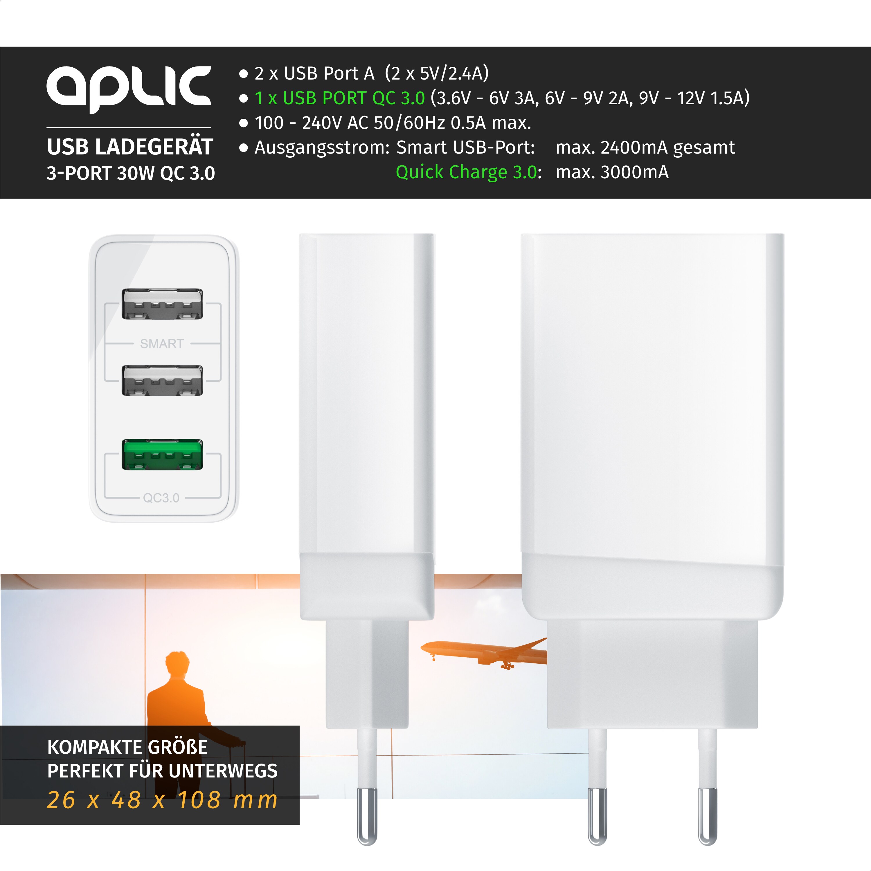 Aplic USB-Ladegerät 3000 mA, 3-Port Netzteil, Quick Charge 3.0, 2x USB Port + 1x QC 3.0 Port