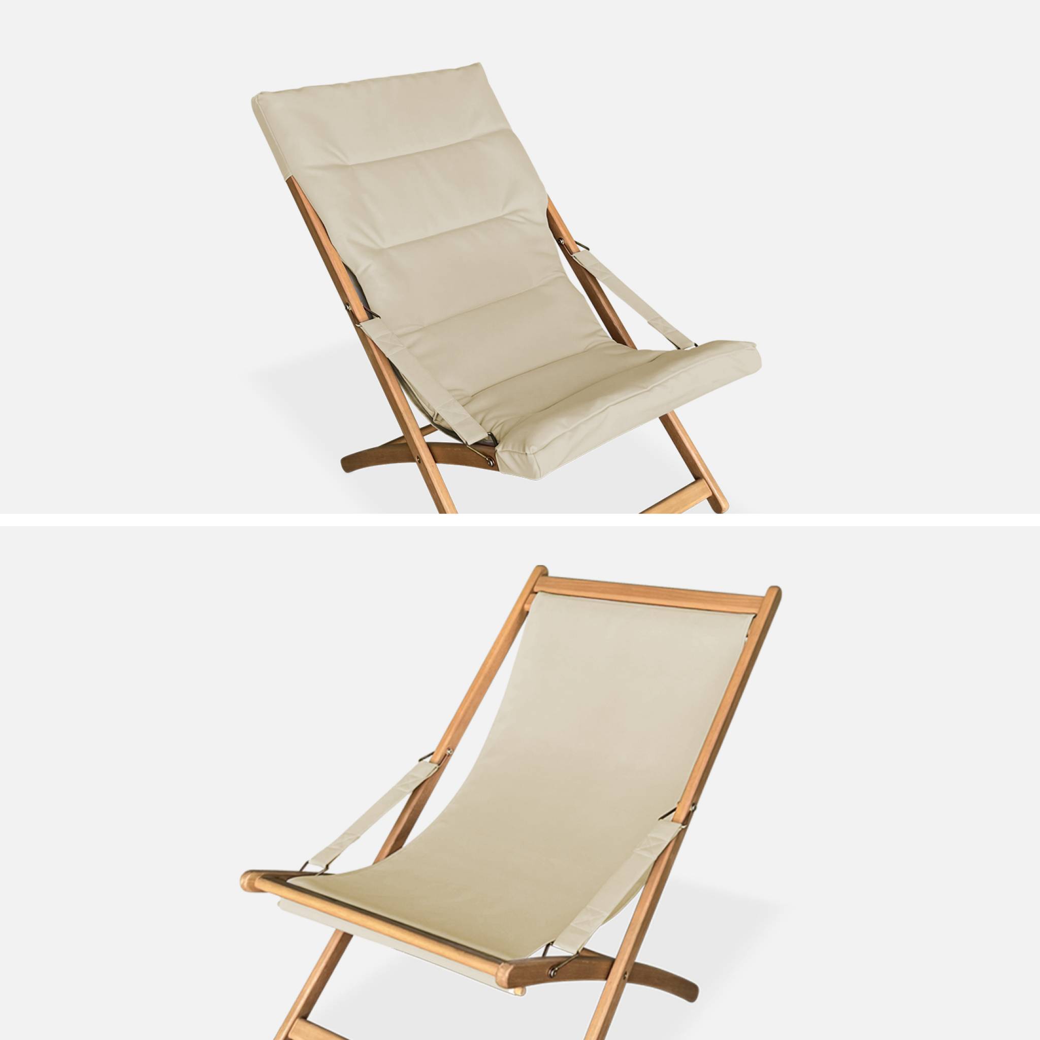 Lot de 2 chiliennes beige en bois. Pliables. Assise rembourrée