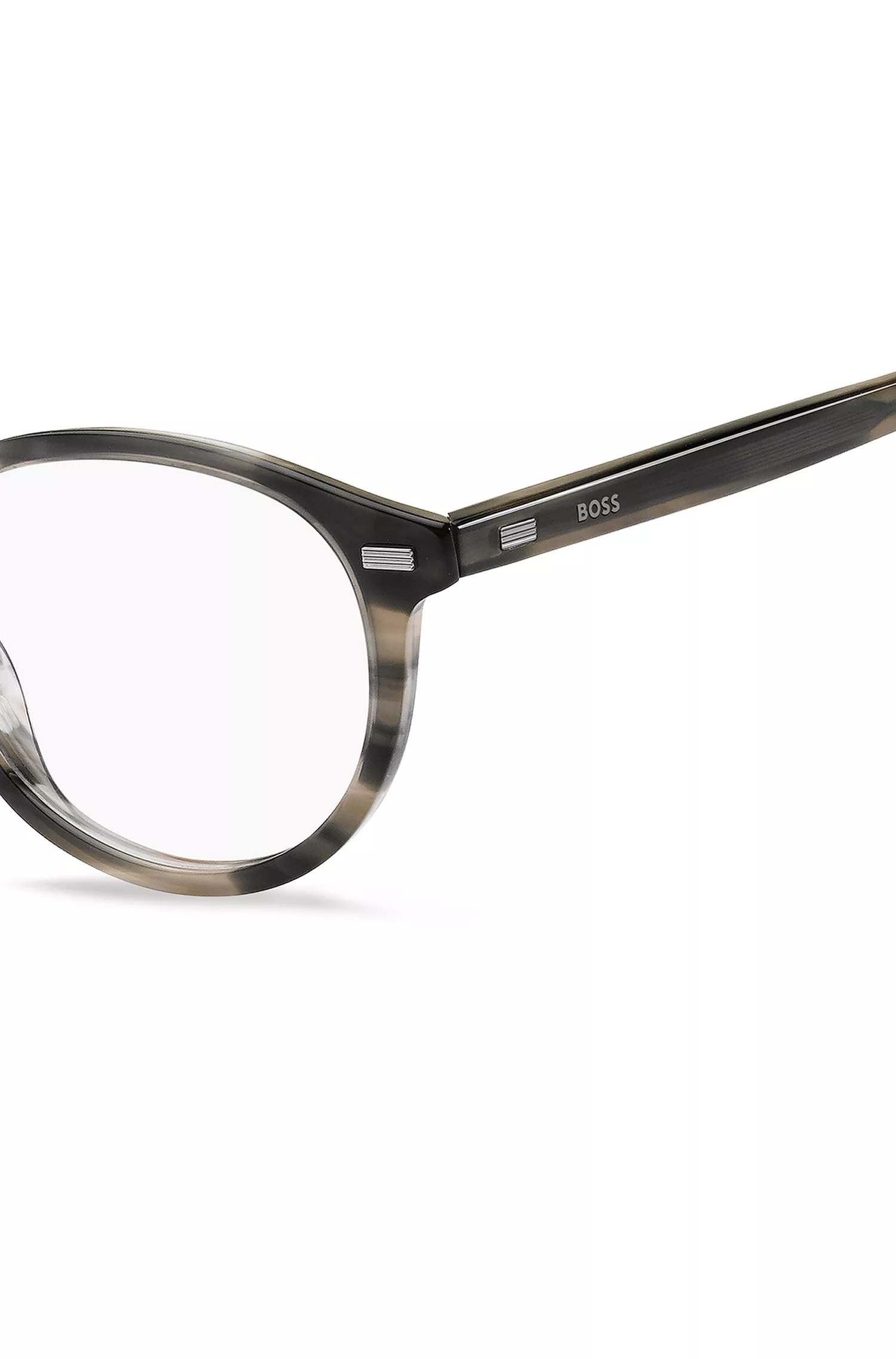 Armação de óculos BOSS em acetato preto com detalhes em metal e rebites.