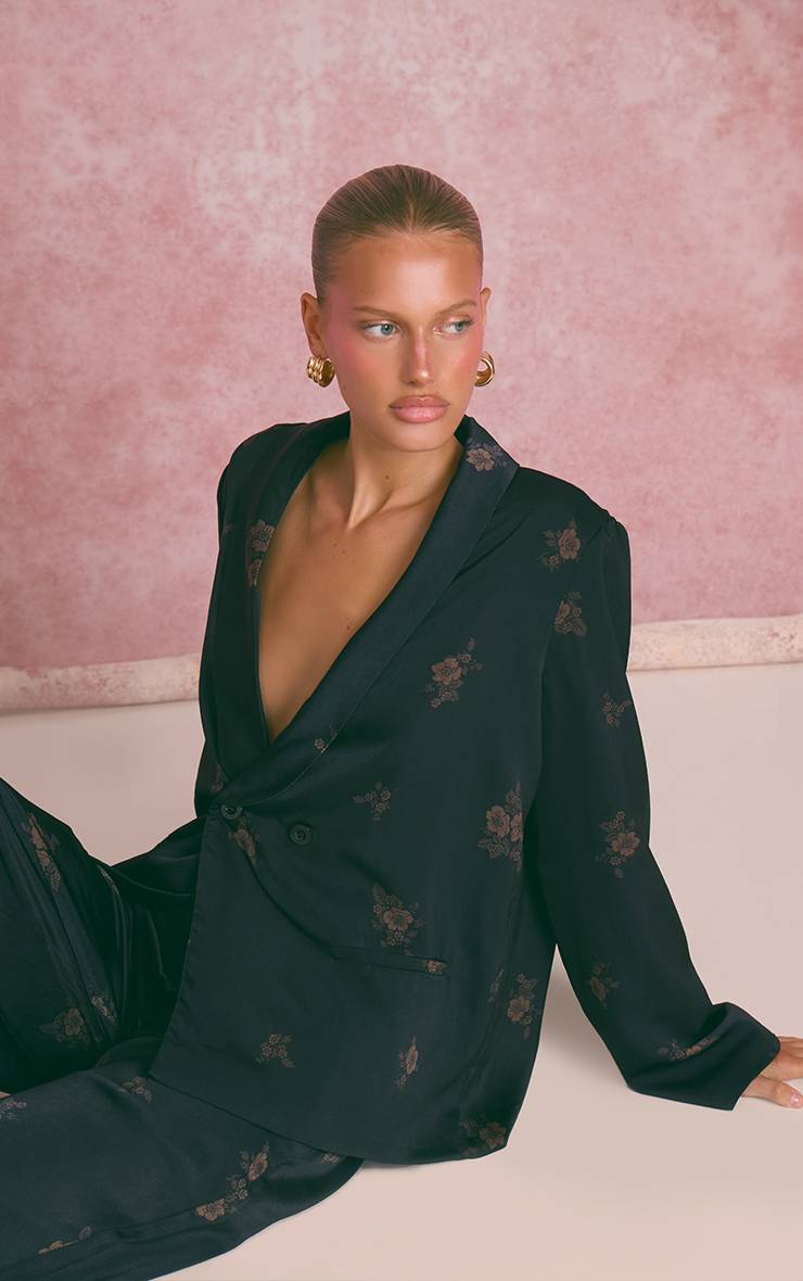 Bleu Marine Veste De Tailleur Coordonnée En Satin À Imprimé Fleuri Ditsy