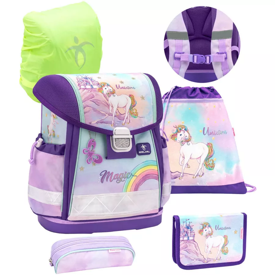 Belmil Schulranzen Classy Schulranzen Set 5-teilig mit Brustgurt Rainbow Unicorn Magic