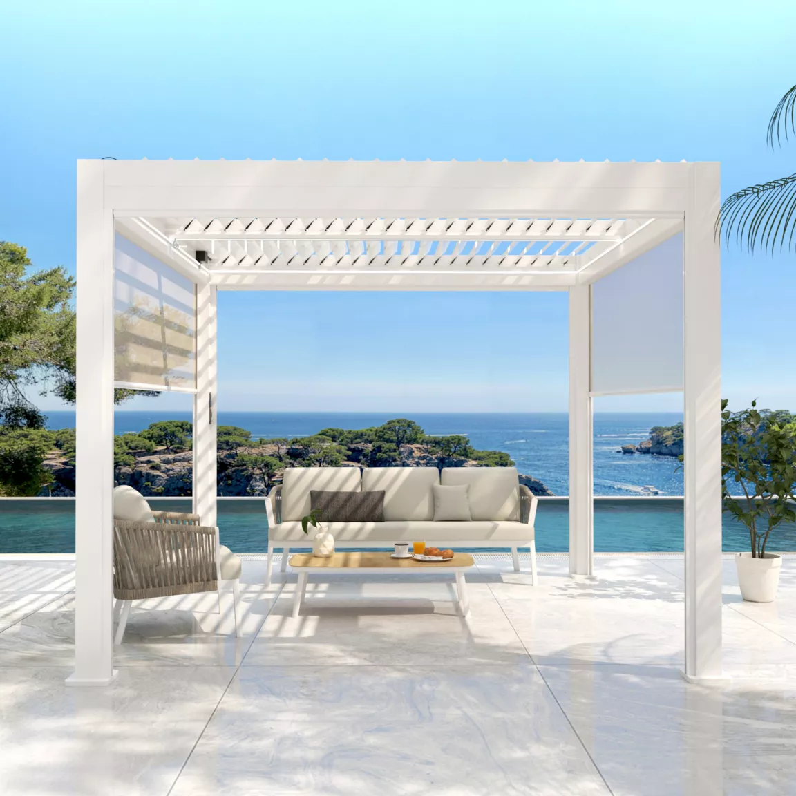 Pergola bioclimatique Autoportée motorisée aluminium et LED (3 x 3 m) Blanc
