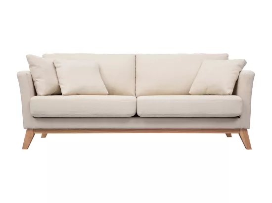 Canapé scandinave déhoussable 3 places en tissu beige et bois clair OSLO