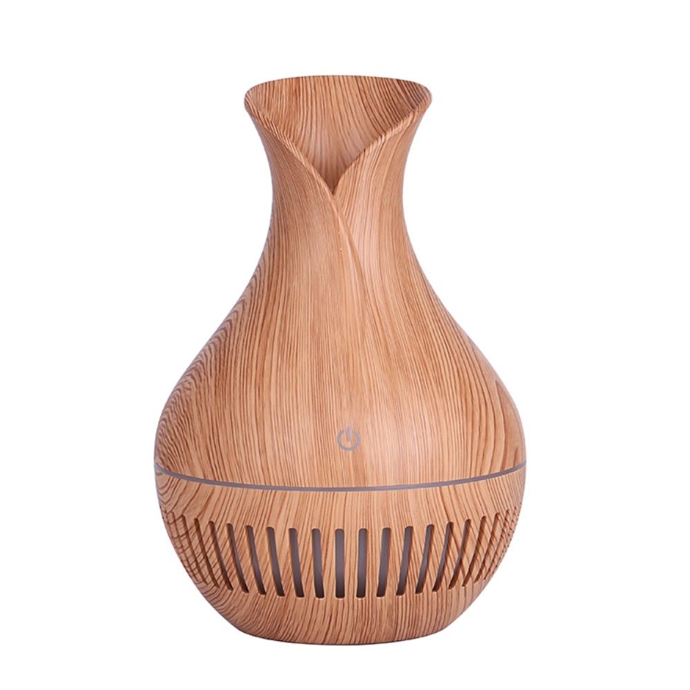 (130ml) Mini USB Ultraschall Luftbefeuchter Aroma Öl Diffuser in Holz Optik mit LED Beleuchtung- Hellbraun
