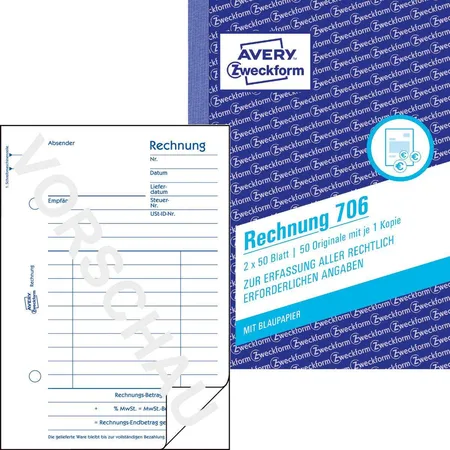 Avery Zweckform 706 Rechnung, A6, mit Blaupapier, 2x50 Blatt