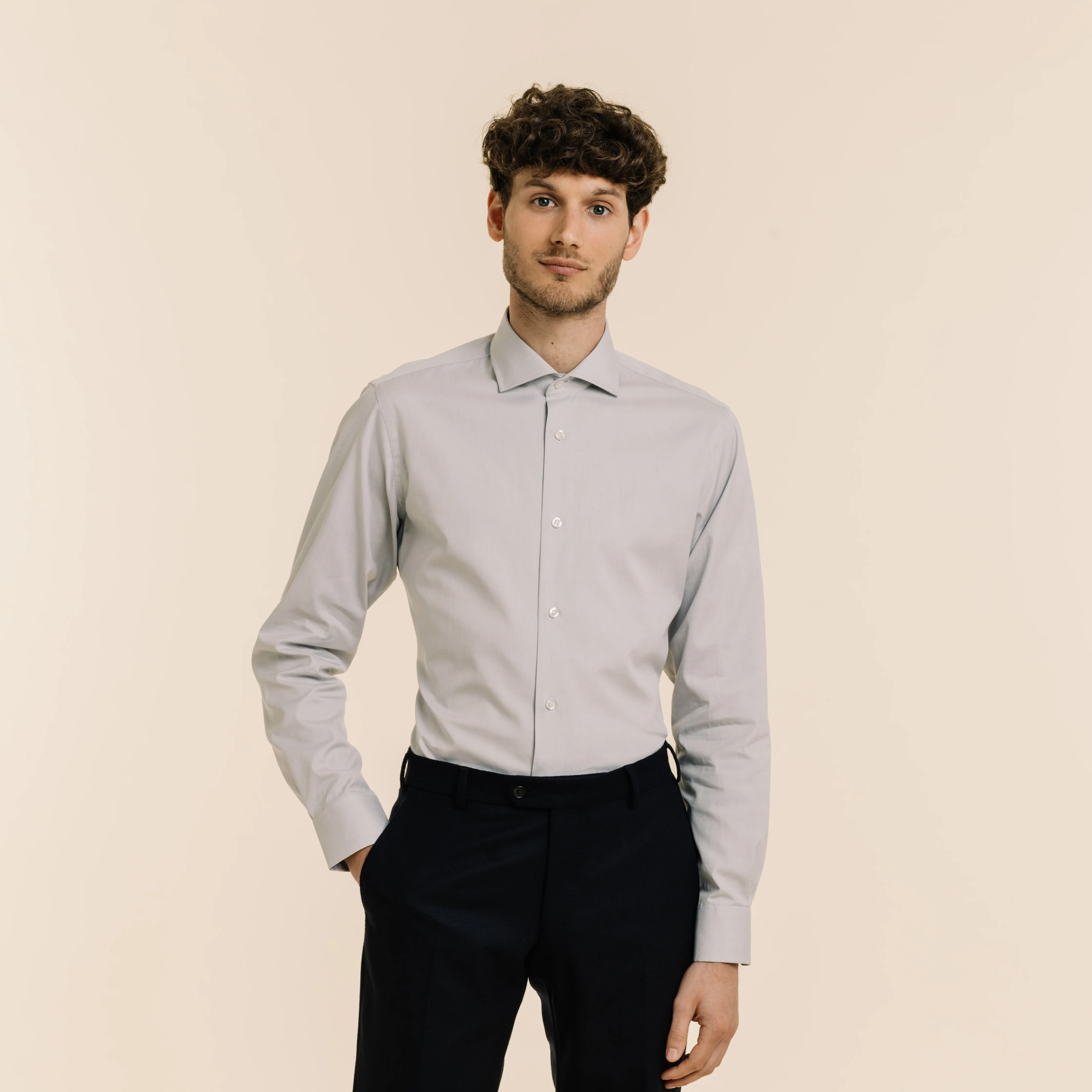 Fitted gray double-twisted oxford shirt