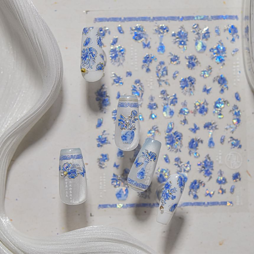 dainlili - Blauwe en witte porseleinen nagelstickers