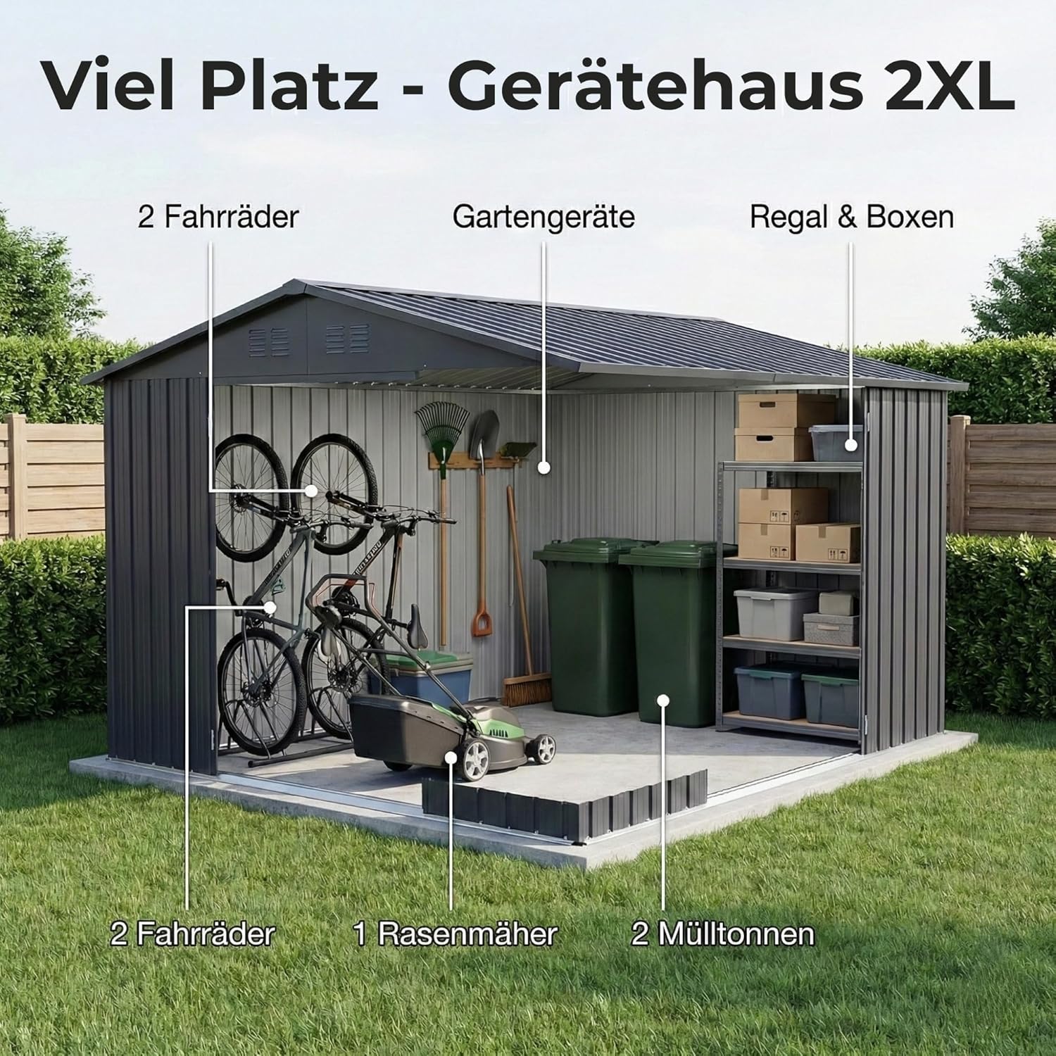 Albatros Gerätehaus 2XL | Anthrazit RAL 7016 | 259x313x192cm (15,5 m³) | abschließbar inkl. Schloss & Werkzeughaken | Gartenhaus aus verzinktem wetterfestem Metall | Geräteschuppen Gartenschrank