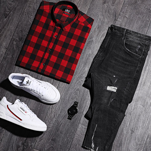 Chemise Manches Longues Slim Fit 159 Carreaux Noir Rouge