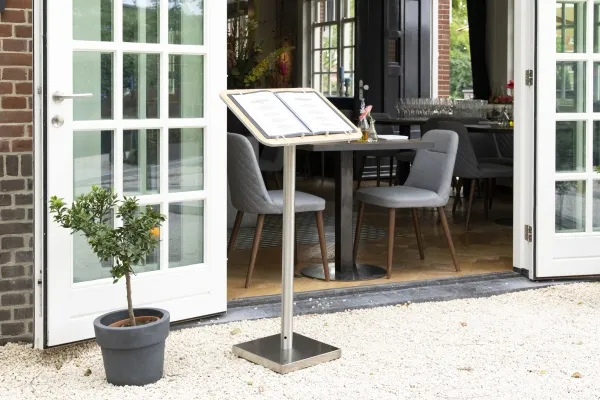Securit® MENU STAND i rustfrit stål og teak