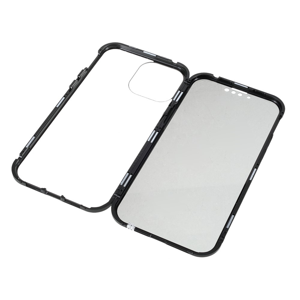iPhone 13 Pro Magnetische Alu Schutzhülle mit Panzer Glas Backcover   Privacy Glas Displayschutz (Magnet-Technologie) - Schwarz