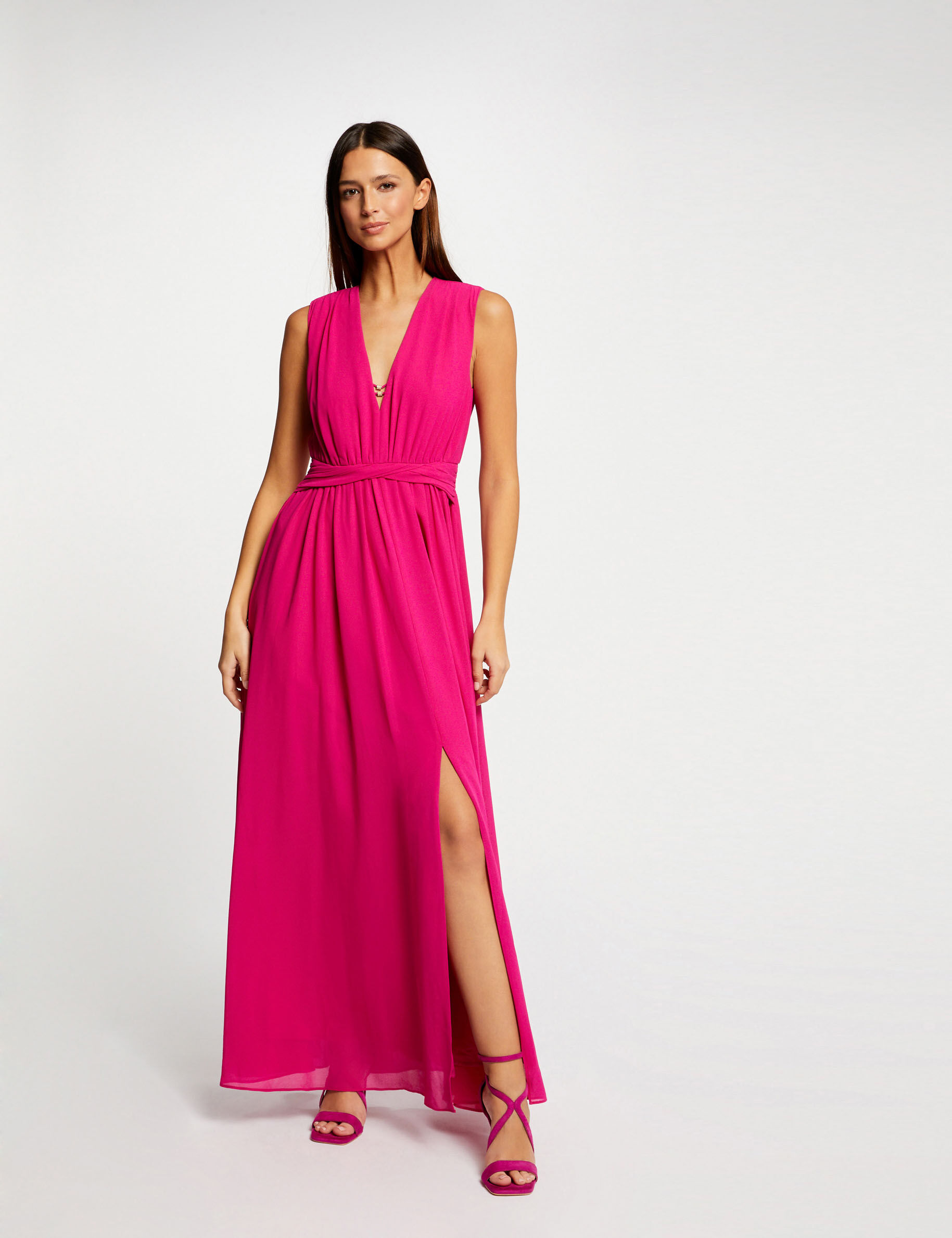 Robe longue évasée fendue rose fonce femme - rose_fonce