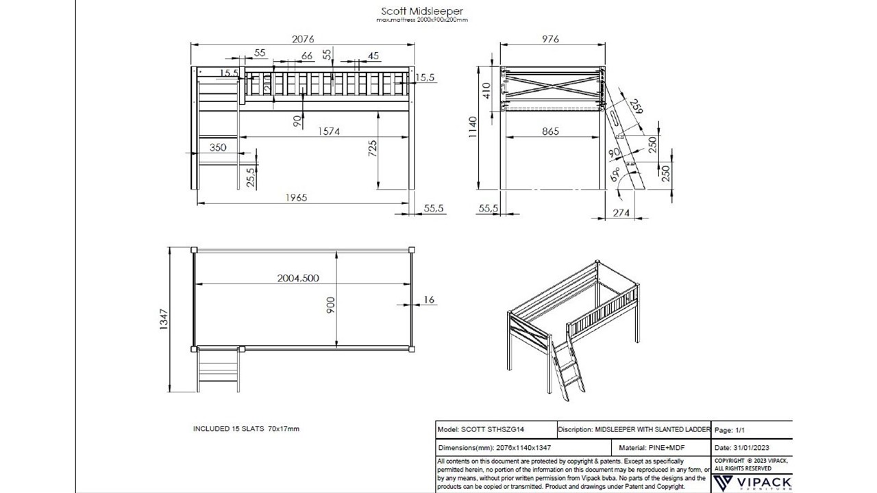 Halfhoogslaper Scott met bureau, boekenkast en commode wit